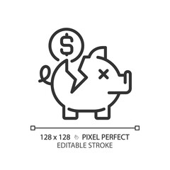 2D pixel perfect editable black broken piggy bank icon, isolated simple vector, thin line illustration representing economic crisis.