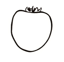 Black outline fruit. Isolated on white background. Outline drawing. On top of the fruit are small leaves and a shoot. Persimmon, apple, quince, citrus fruits, etc. A simple drawing.