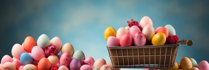 Easter Composition Colorful Eggs Shopping Cart, Banner Image For Website, Background, Desktop Wallpaper
