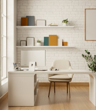 Interior design of a modern trendy office room or home office workspace with a PC computer on a desk