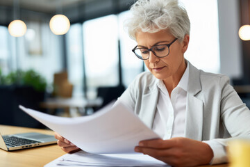 busy senior business woman sitting at office checking documents and bank accounts