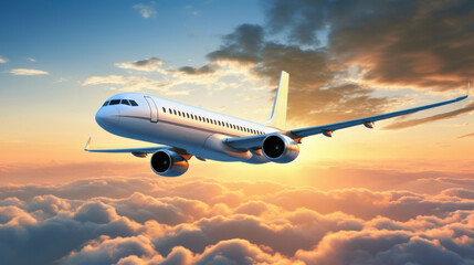 Obraz premium commercial airplane flying above clouds at sunset