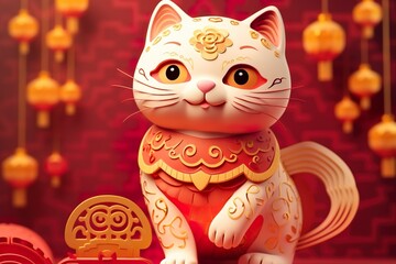 Chinese new year cat in traditional red dress