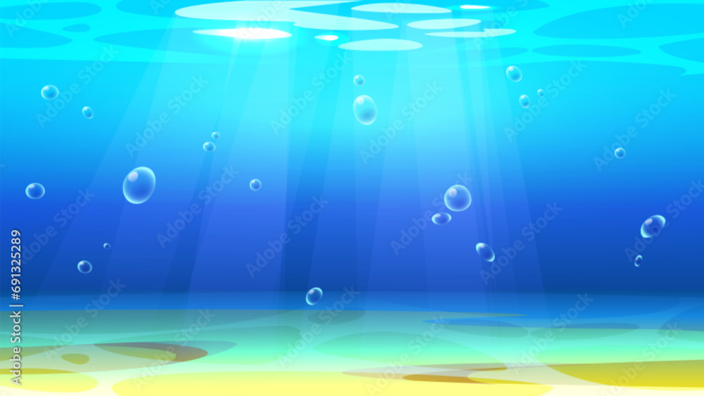 Poster sandy seabed under water layer with bubbles and rays of sunlight. cartoon vector sea or ocean underw