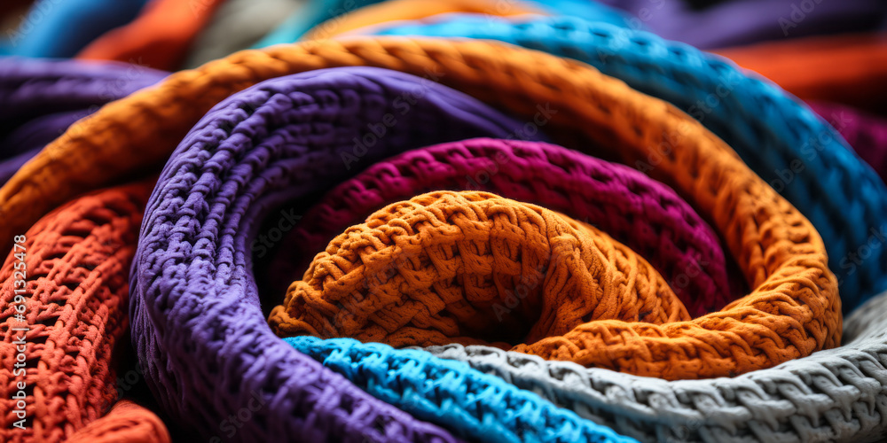 Poster vibrant multicolored crocheted blankets in a close up view, showcasing textures and patterns in a co