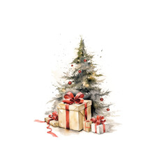 Fototapeta na wymiar watercolor christmas tree and christmas gifts, fir tree, transparent on white background PNG.