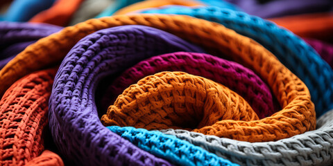 Vibrant multicolored crocheted blankets in a close up view, showcasing textures and patterns in a cozy, intertwined heap - obrazy, fototapety, plakaty