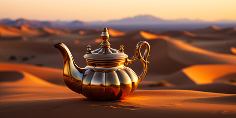 Majestic Golden Teapot Overlooking Vast Sand Dunes of the Desert at Sunset with Soft Shadows and Warm Ambient Light