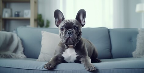 a french bulldog laying on top of a couch in a room