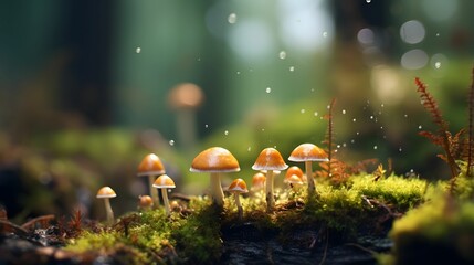 Mushrooms in the forest after the rain. Edible and poisonous mushrooms. Forest grass and leaves. - obrazy, fototapety, plakaty