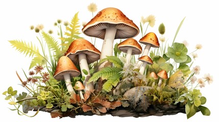 Watercolor mushrooms and ferns isolated on a white background.
 - obrazy, fototapety, plakaty