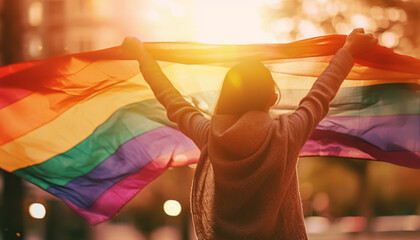 People with diverse sexualities People waving rainbow flags behind the sun ,generative ai