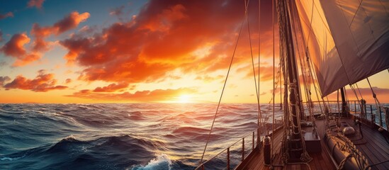Yacht sailing in open sea at sunset. View from deck to bow, mast, sails. Epic cloudscape. Dramatic sky with glowing golden clouds after storm. Racing, sport, leisure.