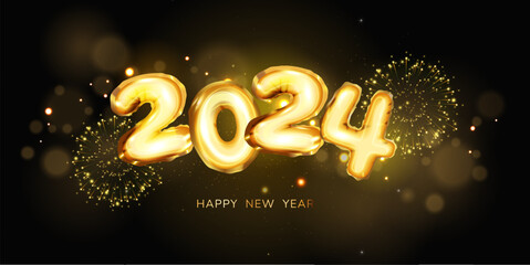 New Year firework and golden numbers 2024 background. Celebration New Year's Eve. banner or greeting card for Merry Christmas and happy new year. Vector illustration - obrazy, fototapety, plakaty