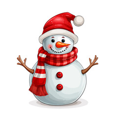 vector snowman in a red santa hat and in a red scarf without background for christmas postcards cartoon character style