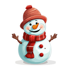 vector snowman in a hat and in a red scarf without background for Christmas postcards cartoon character style