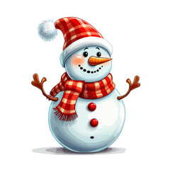 vector snowman in a hat and in a red scarf without background for Christmas postcards cartoon character style