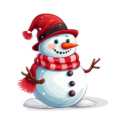 vector snowman in a hat and in a red scarf without background for Christmas postcards cartoon character style