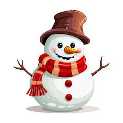 vector snowman in a hat and in a red scarf without background for Christmas postcards cartoon character style
