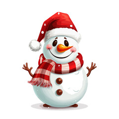 vector snowman in a red santa hat and in a red scarf without background for christmas postcards cartoon character style