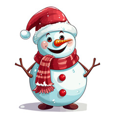 vector snowman in a red santa hat and in a red scarf without background for christmas postcards cartoon character style