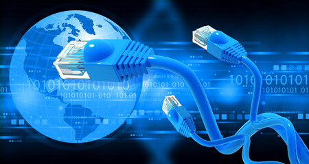 Connected World Earth With Ethernet Cable, internet cable. 3d illustration..