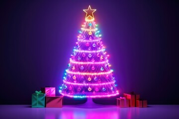 Fototapeta premium Neon lights fantasy Christmas Tree Background. Merry Christmas, Happy New Year concept. Illustration for postcard, banner, wallpaper, backdrop, web, card.