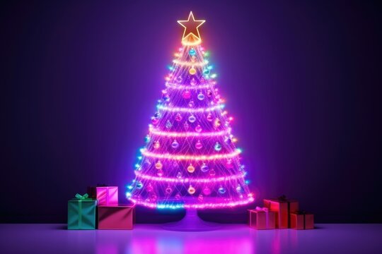 Neon lights fantasy Christmas Tree Background. Merry Christmas, Happy New Year concept. Illustration for postcard, banner, wallpaper, backdrop, web, card.