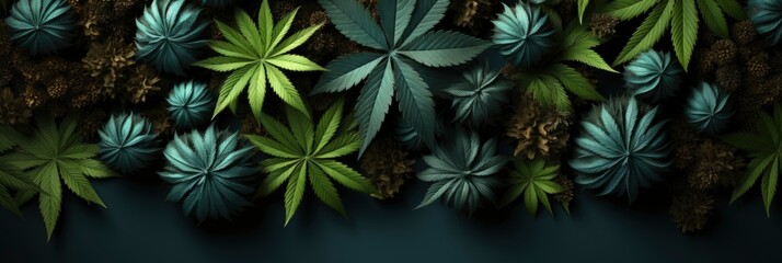 Cannabis Fowering Plant On Dark Green, Banner Image For Website, Background, Desktop Wallpaper