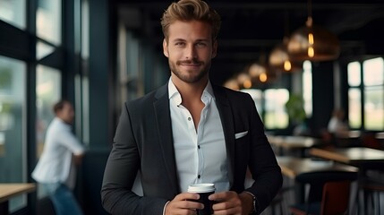 Fototapeta na wymiar a handsome young businessman savoring warm coffee standing in the cafe. generative AI