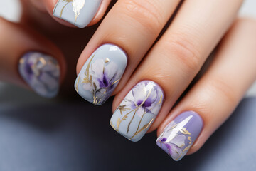 The nails art design with delicate floral design on a purple background, creative manicure - obrazy, fototapety, plakaty
