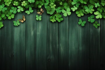 St Patricks Day side border of paper shamrocks over a dark green wood background