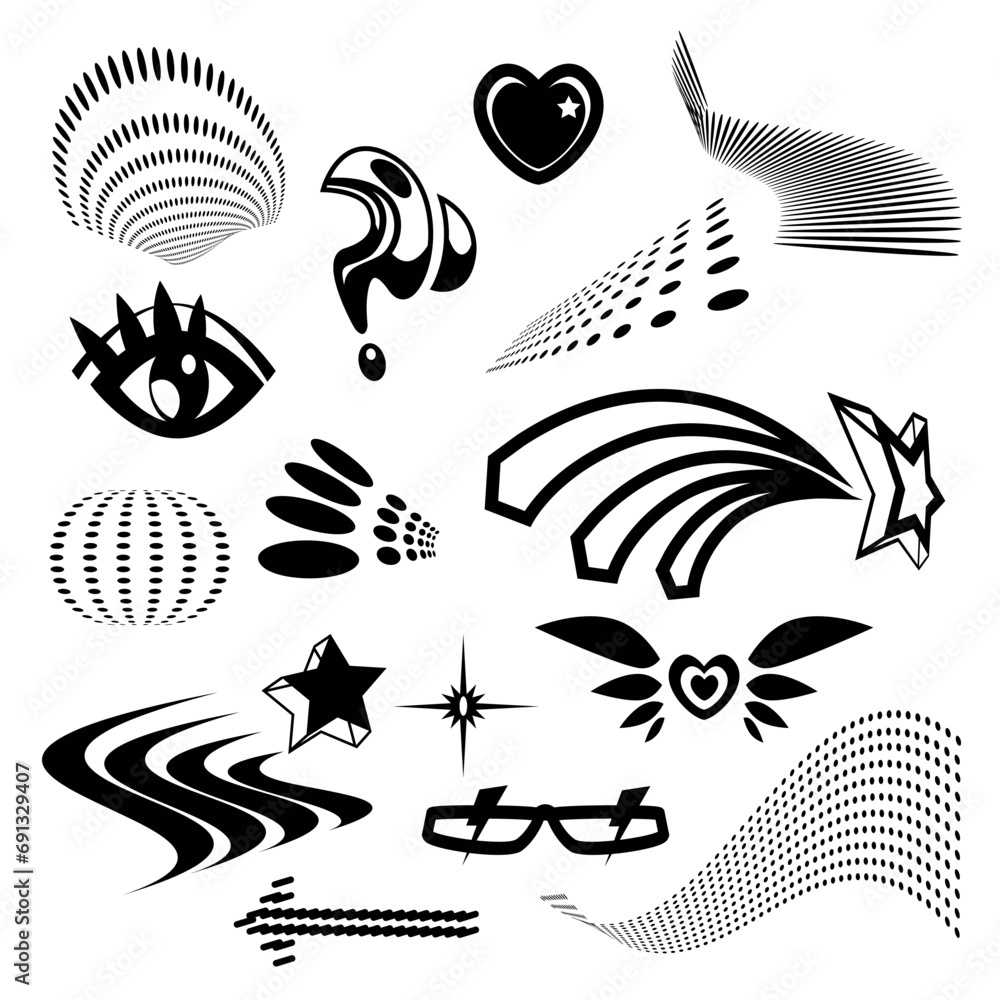 Poster y2k monochrome abstract shape. vector illustration set of black geometric forms and symbols. retro f