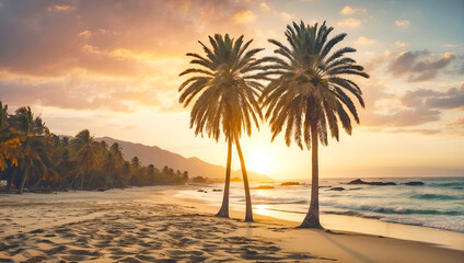 Palm tree on the sandy beach sea at sunset. Paradise Beach, vacation in a tropical country, Travel tour to the resort