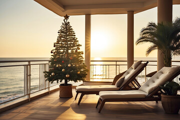 A Christmas tree is decorated on the balcony of a hotel with sun beds by the sea on vacation in a tropical country with palm trees at sunset. Travel for Christmas and New Year, tour to the resort - obrazy, fototapety, plakaty