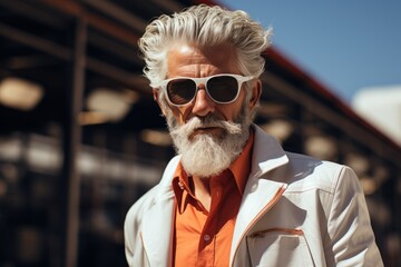 Stylish Senior Man with White Sunglasses and Orange Shirt