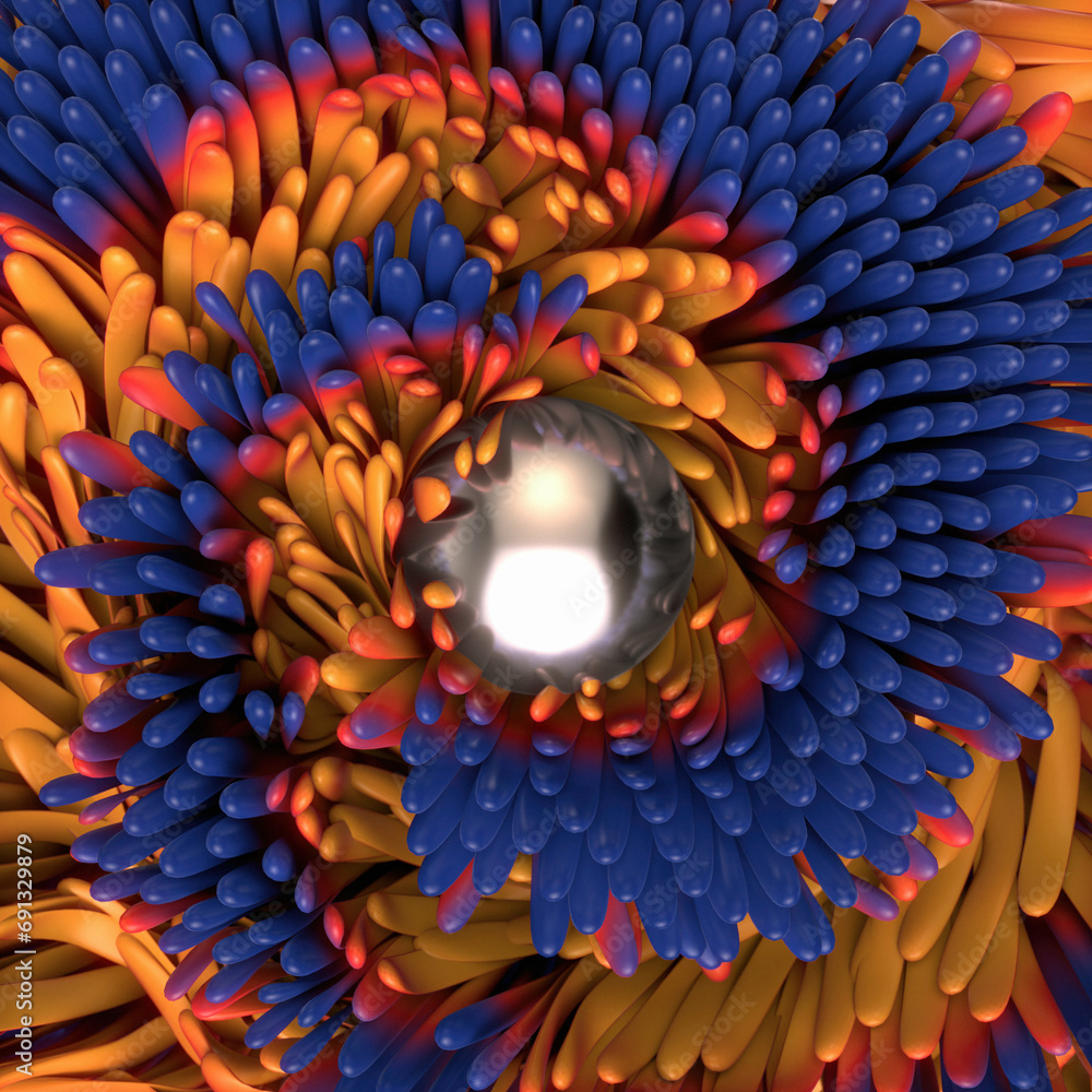 Aufkleber metal ball on a blue rubber surface and a multicolored yellow-orange spiral trail. 3d rendering digi