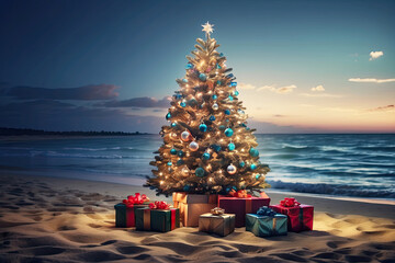 glowing Christmas tree with gift boxes on the ocean with palm trees. A tourist trip for Christmas and New Year to tropical countries, a vacation at the sea. Copy space. - obrazy, fototapety, plakaty