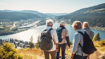 A group of retirees go on a hiking trip, enjoying the scenic views and fresh air - obrazy, fototapety, plakaty