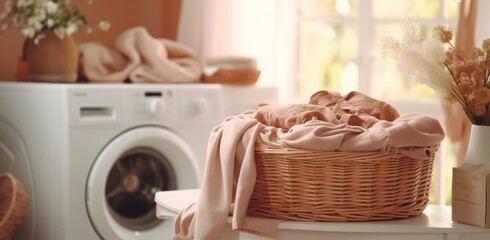 a laundry basket is placed n a small table in front of a washing machine