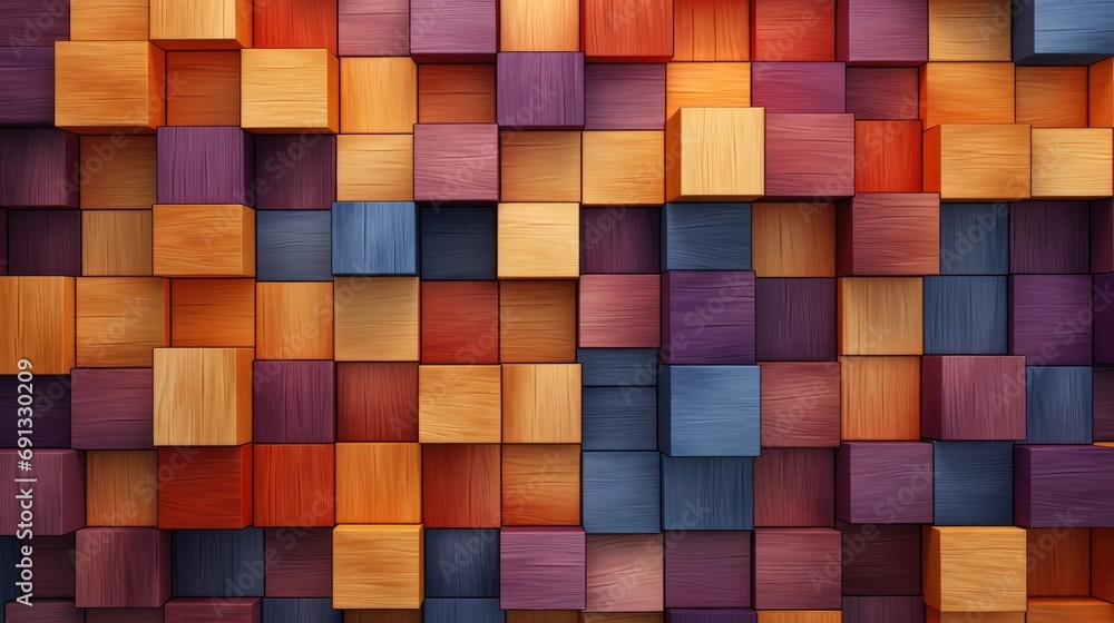 Poster abstract block stack wooden 3d cubes, colorful wood texture for backdrop