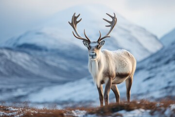 Reindeer with big antlers walking in winter tundra.