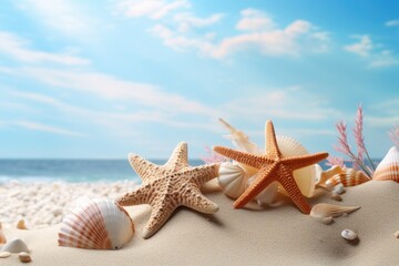 Fototapeta na wymiar Beach scene concept with sea shells and starfish.