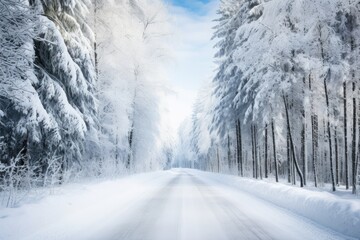 Obraz premium Automobile road through a winter forest covered with snow.