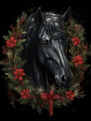 Black Friesian horse with a Christmas wreath around its neck