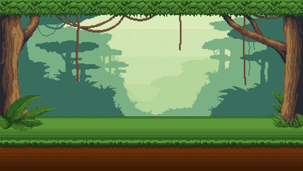 Pixel art jungle forest game location. Seamless rainforest vector background.