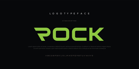 Rock modern alphabet. Dropped stunning font, type for futuristic logo, headline, creative lettering and maxi typography. Minimal style letters with yellow spot. Vector typographic design - obrazy, fototapety, plakaty