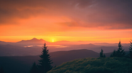 Obraz premium A person standing on a mountain top, looking out at a beautiful sunset
