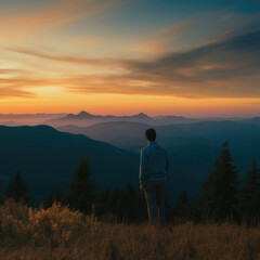Fototapeta na wymiar A person standing on a mountain top, looking out at a beautiful sunset