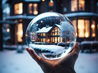 Fototapete Heringsdorf, Deutschland Woman holds in her hand Magical glass ball with tiny modern house dream inside near big real cozy home with lights in windows in winter. Insurance, mortgage, purchase real estate